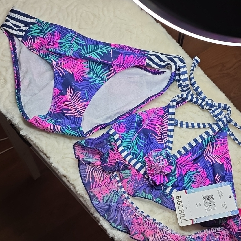 Big Chill Tropical Print Bikini Set - Pink, Blue, Green Girls 14/16